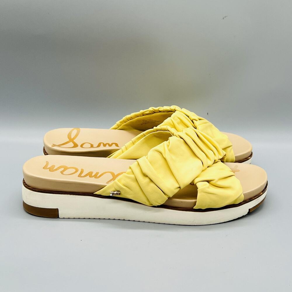 Sam Edelman Sandals Womens 8.5 Yellow Leather Ruched Slide Wedge Comfort Shoes